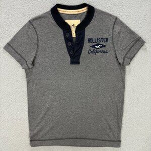 Hollister T Shirt Mens Small S Grey Navy Blue Henley V Neck Logo Tee Vintage Y2K